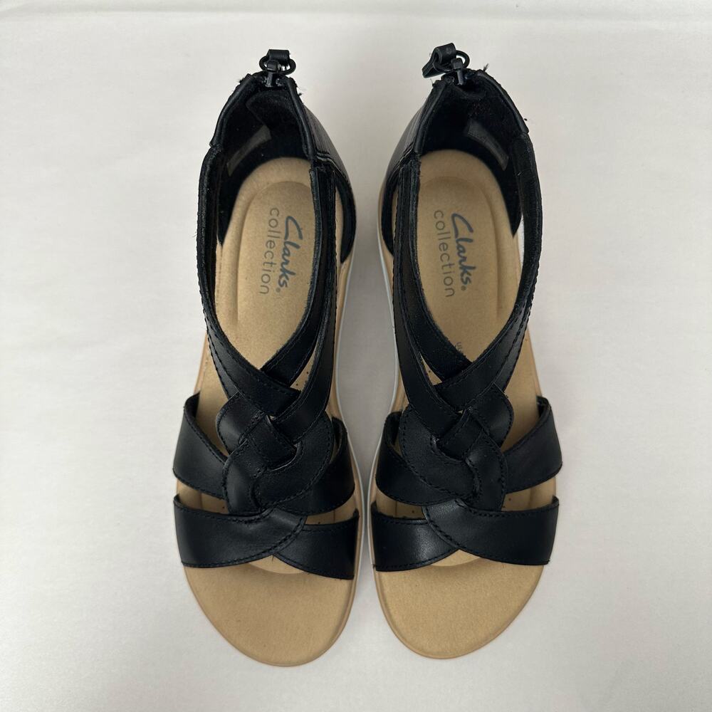 Clarks Black Leather Woven Strappy Wedge Sandals Size 6 - Summer Vacation Resort